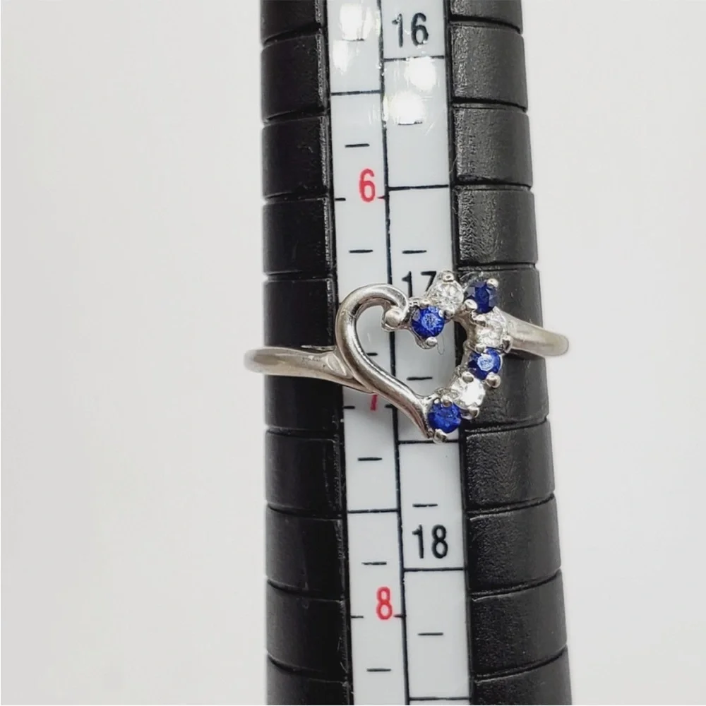 10k Solid White Gold Genuine Blue Sapphire & Simulated Diamond Heart Ring